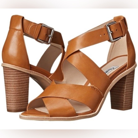 Clarks Oriana Bess Tan Leather Strap Wood Heel Sandal Size 10 - Picture 1 of 10